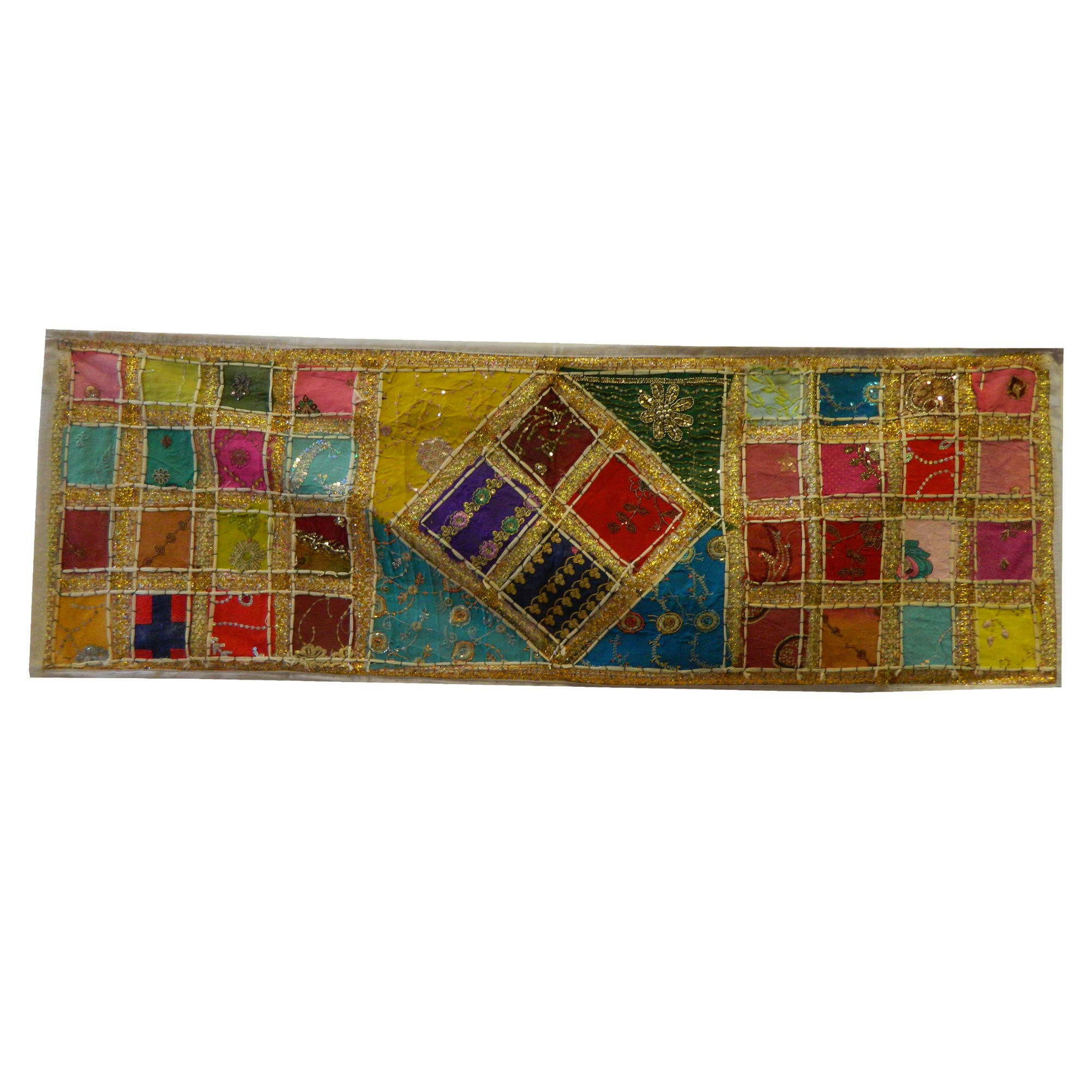 Bild von Indischer Tischläufer mit Pailetten 145x50cm weiß Baumwoll Patchwork