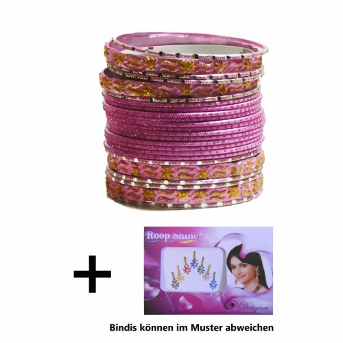 Bild von 24 brazaletes pulseras Mahive rosas y dorados con bindis 7 cm de diámetro
