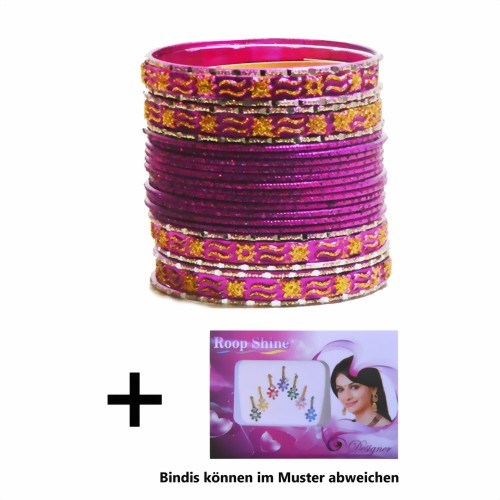 Bild von 24 brazaletes pulseras Mahive rosas fucsia y dorados con bindis 7 cm de diámetro
