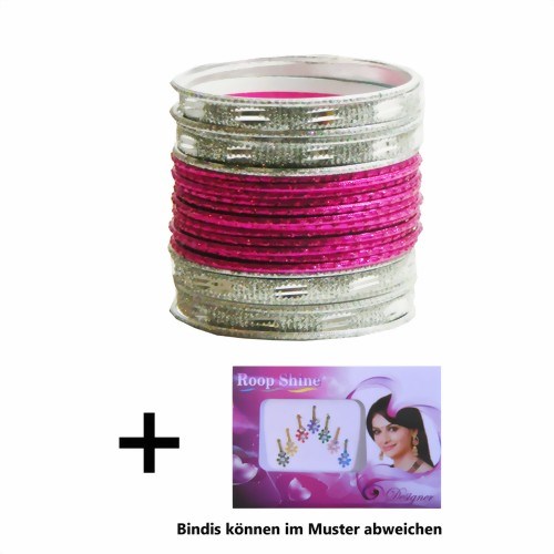 Bild von 24 Bangles Armreifen Sunflower mit Bindis Pink Silber 7 cm Durchmesser