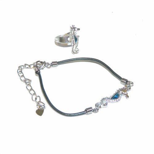 Bild von Seeopal Set Seepferdchen Kunstlederarmband Fingerring blau silber 
