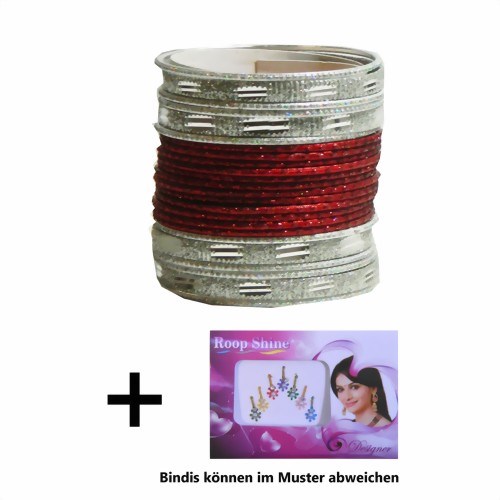 Bild von 24 Bracciali Bangles Sunflower Bollywood 7 cm rosso scuro argento + Bindi