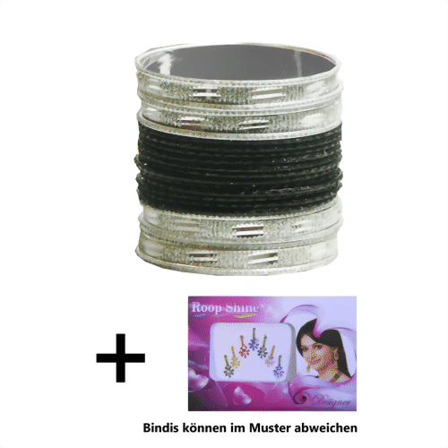 Bild von 24 Bracciali Bangles Sunflower Bollywood 7 cm nero argento + Bindi
