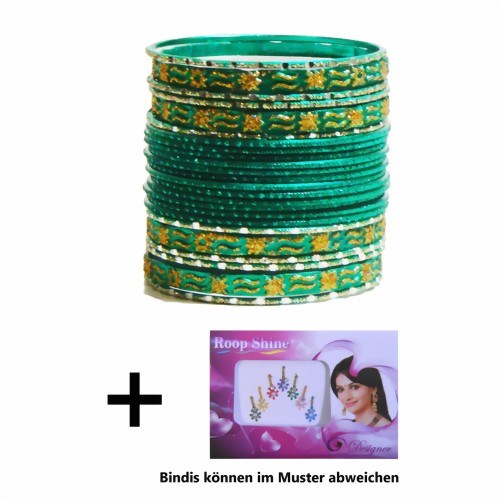 Bild von 24 brazaletes pulseras Mahive verde esmeralda y dorados con bindis 7 cm de diámetro
