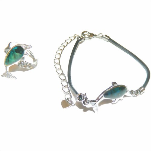 Bild von Seeopal Set Delfin Kunstlederarmband Fingerring blau silber 
