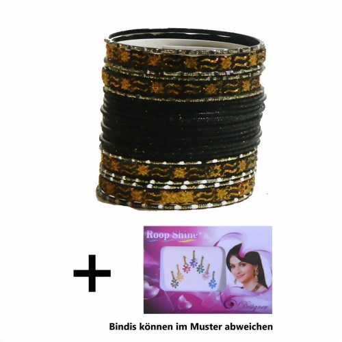 Bild von 24 brazaletes pulseras Mahive negros y dorados con bindis 7 cm de diámetro
