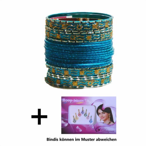 Bild von 24 Bangles Armreifen Mahive mit Bindis Türkis Gold 6,5 cm Durchmesser