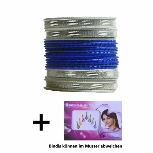 Bild von 24 Bangles Armreifen Sunflower mit Bindis Dunkelblau Silber 6,5 cm Durchmesser