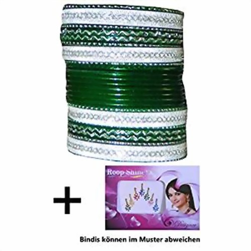 Bild von 24 Bracciali Bangles Sunflower Bollywood verde scuro argento + Bindi