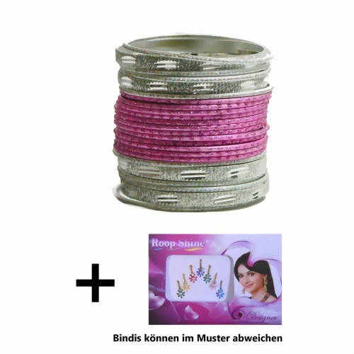 Bild von 24 Bangles Armreifen Sunflower mit Bindis Rosa Silber 6,5 cm Durchmesser