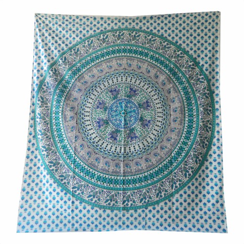 Bild von Colcha elefantes pavo real mandala azul turquesa blanco