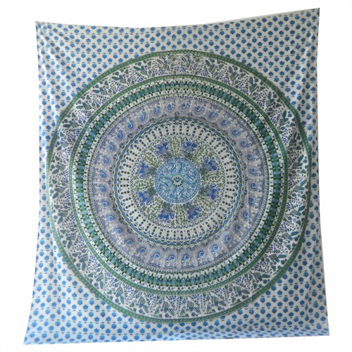 Bild von Colcha elefantes pavo real mandala blanco verde