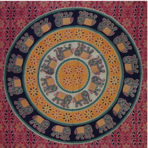 Bild von Colcha diseño elefantes verde rojo burdeos naranja