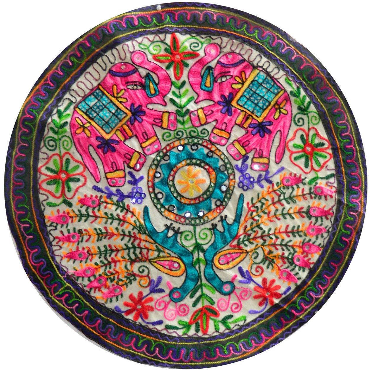Bild von Tischdecke Elefanten Pfau 87cm rund Baumwolle bestickt